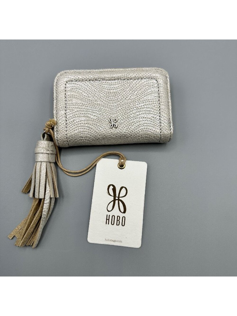 HOBO Nila Small Zip Around Wallet Card Case Silver Leather with Tassel Pull NWT